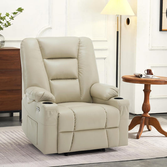 Large Power Lift Recliner Chair with Massage and Heat for Big and Tall Elderly People, Cup Holders, USB Ports, Side Pockets, Faux Leather R7541 (Beige, Large-Wide)-1