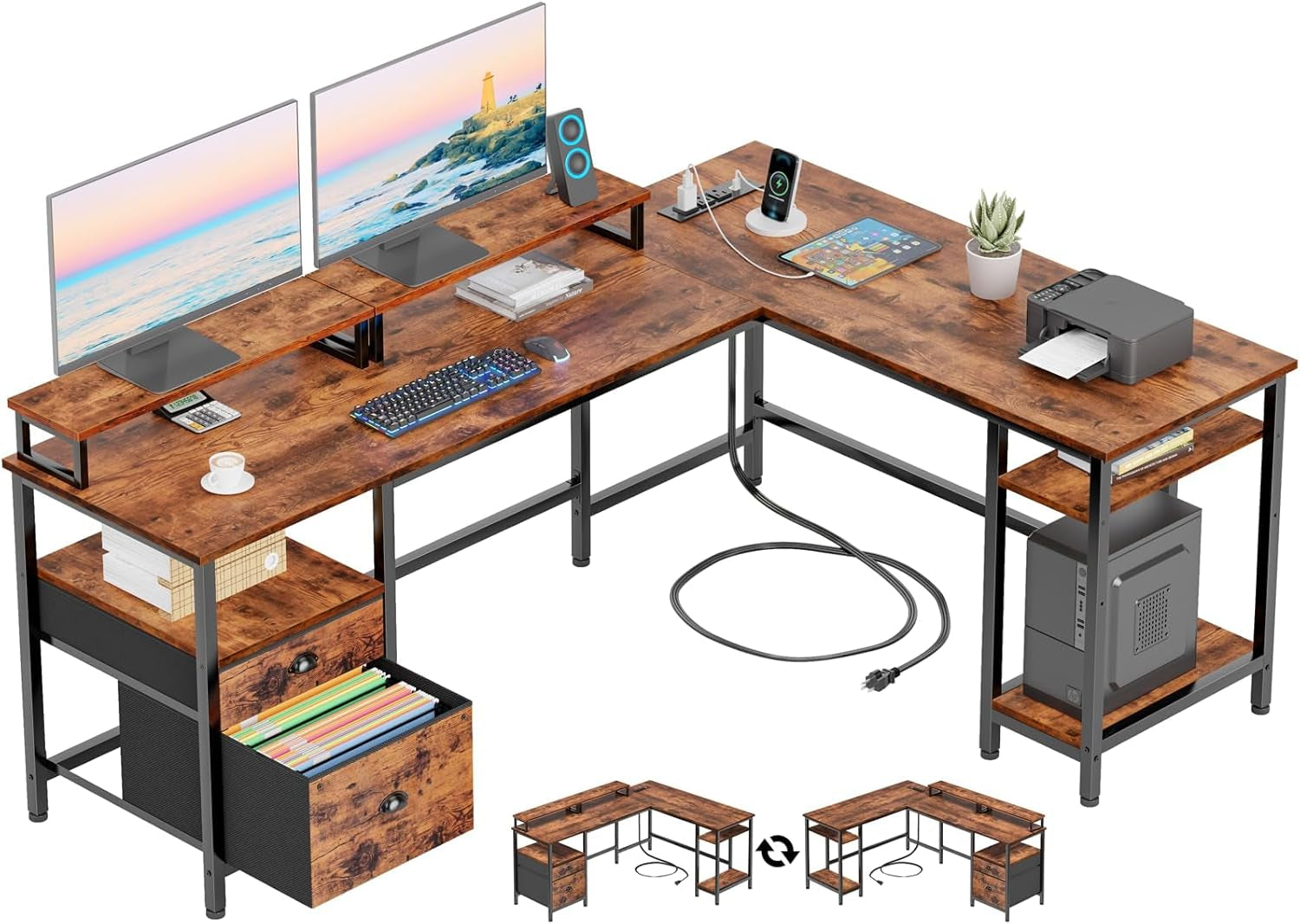 66” L Shaped Desk with Power Outlet, Reversible Computer Gaming Desk with File Drawer & 2 Monitor Stands for Home Office with Storage Shelves, Rustic Brown-0