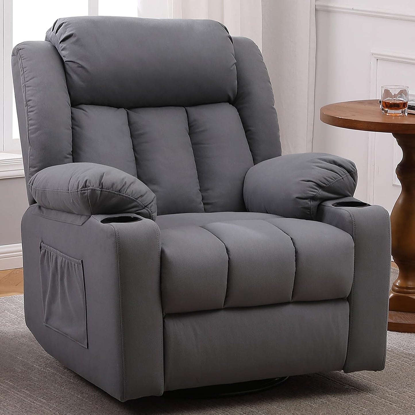 Rocker Swivel Recliner Chair for Adults, Overstuffed Large Manual Recliner Glider with Massage and Heat, Comfy Soft Fabric Living Room Reclining Sofa Chair(Technical Grey)-0