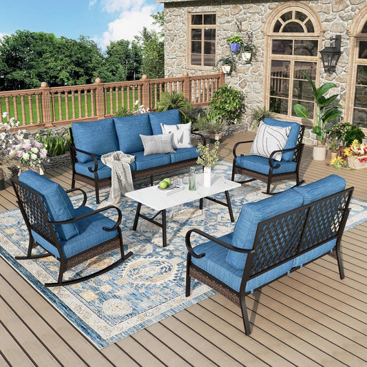 Patio Furniture Set with Coffee Table, Outdoor Conversation Set with 2 X Rocking Chairs, 1 X 2-Seat Sofa, 1 X 3-Seat Sofa for Lawn Garden Backyard, Pacific Blue-0