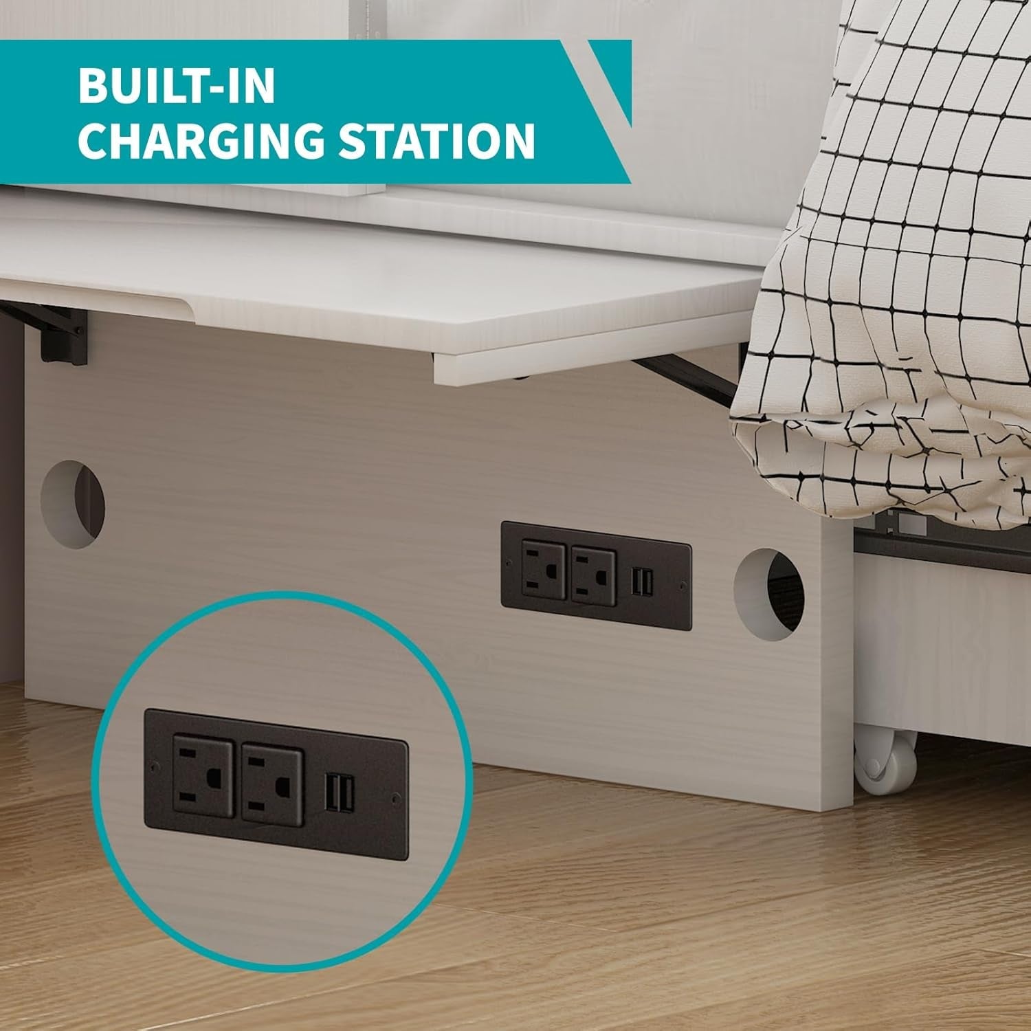 Murphy Bed Queen with USB Charging and Storage Drawers-4