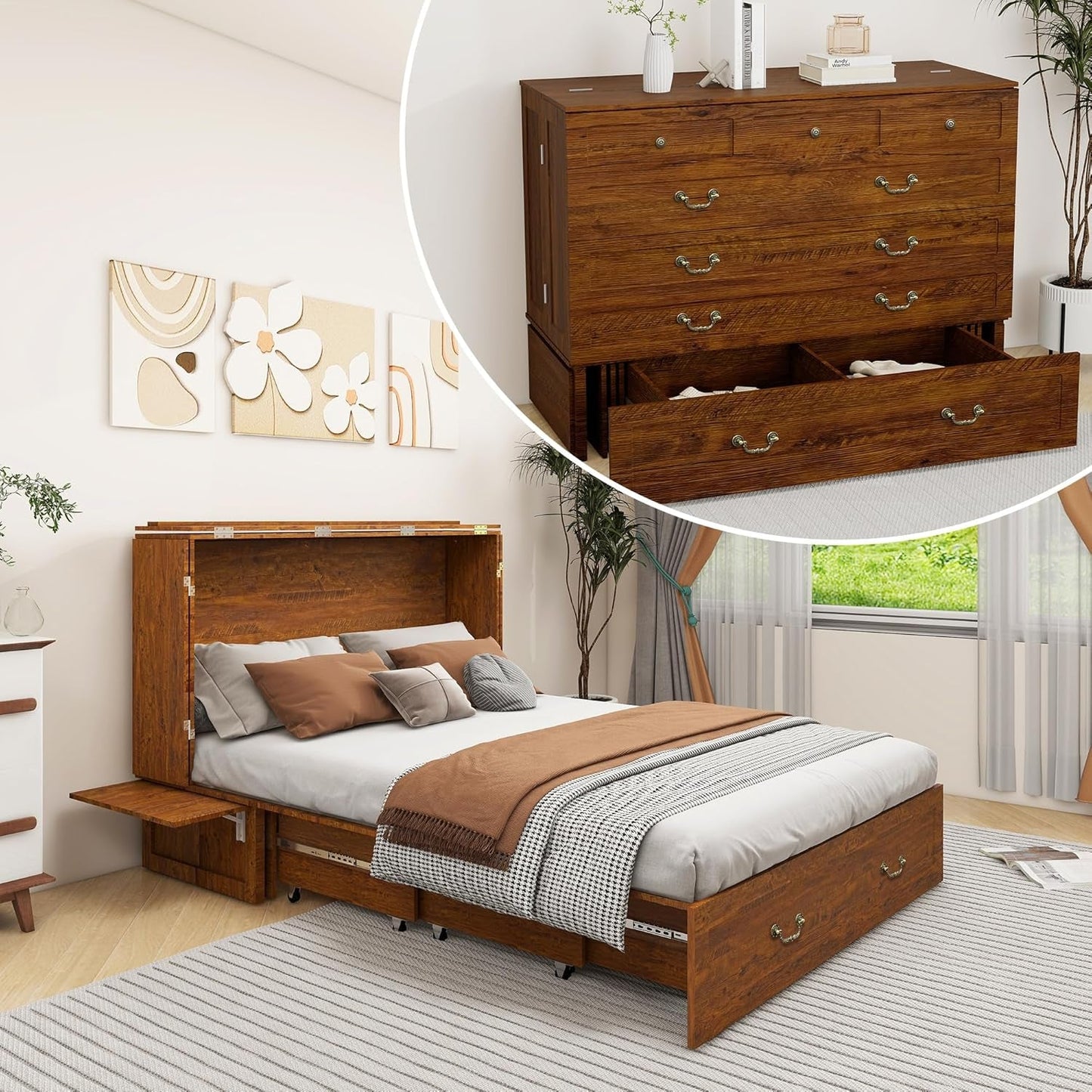 Queen Murphy Bed Cabinet with Charging Station and Drawers-6