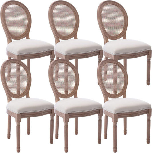 French Country Dining Chairs Set of 6, Vintage Chairs with round Backrest, Mid Century Upholstered Dining Chairs with Solid Wood Leg for Dining Room Bedroom Kitchen Restaurant-0