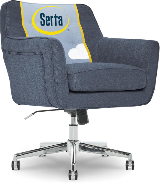 Ashland Home Office Desk Chair with Button Tufted Mid-Back, Memory Foam Cushion and Padded Arms, Mid Century Modern Vanity Armchair with Wheels for Bedroom, Chrome Metal Base, Blue-0