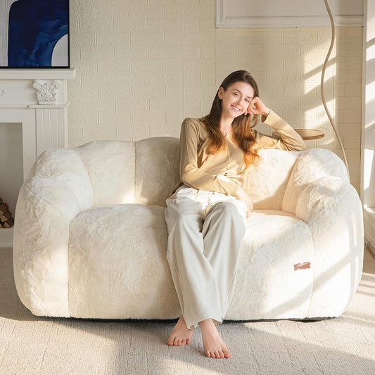 Beige Floral Shaped Loveseat Bean Bag Sofa-0