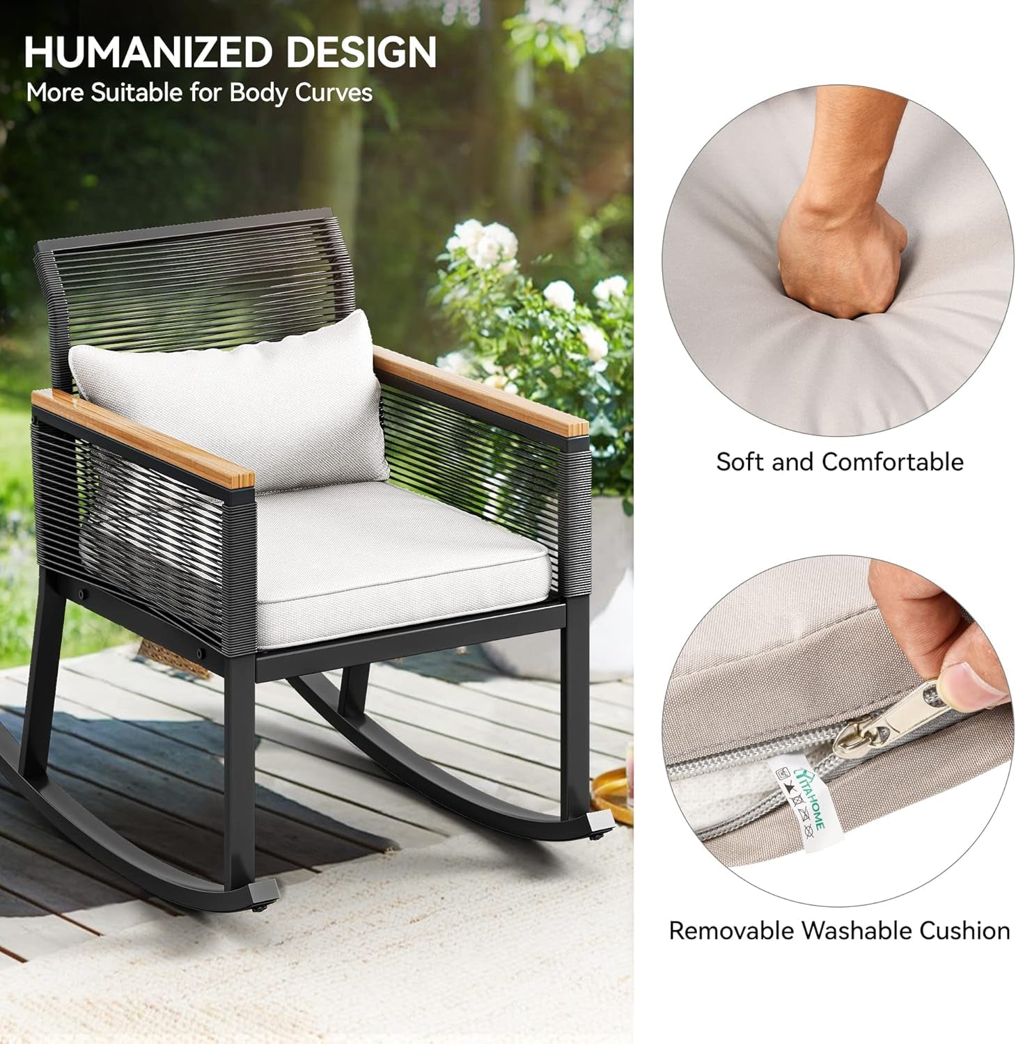 Outdoor Wicker Rocker Bistro Set with Wood Arms-3