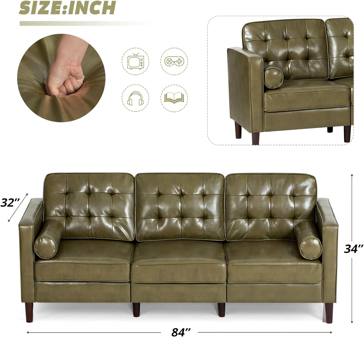 2 Pieces Faux Leather Couch Set, Upholstered 3 Seat & Loveseat Sofa with Bolster Pillows, Mid Century Modern Couch Set with Wooden Legs for Living Room, Bedroom, Office. Olive Green-2