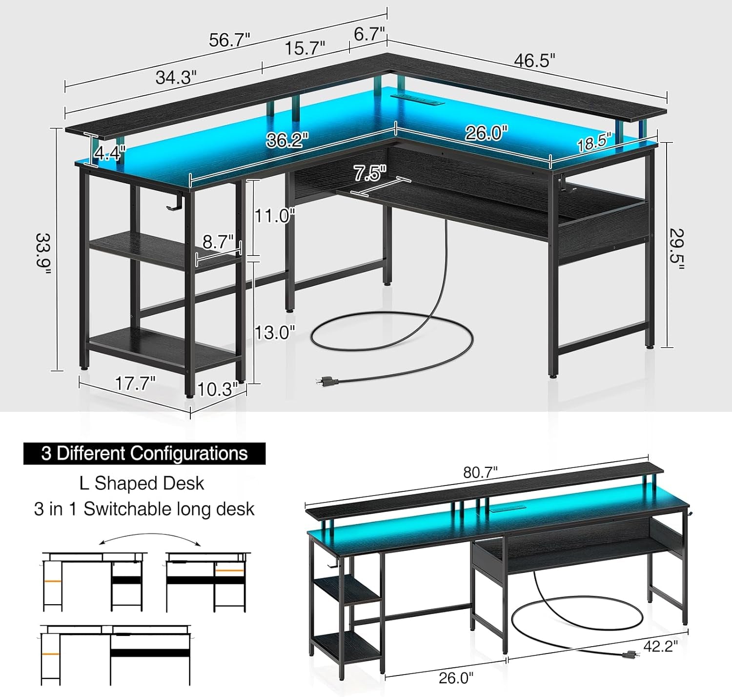 Computer Desk L Shaped 56.7" with LED Lights and Power Outlets, Reversible L Shaped Gaming Desk with Monitor Stand, Home Office Desk with Storage, Desk with USB Port and Hook, Black-2