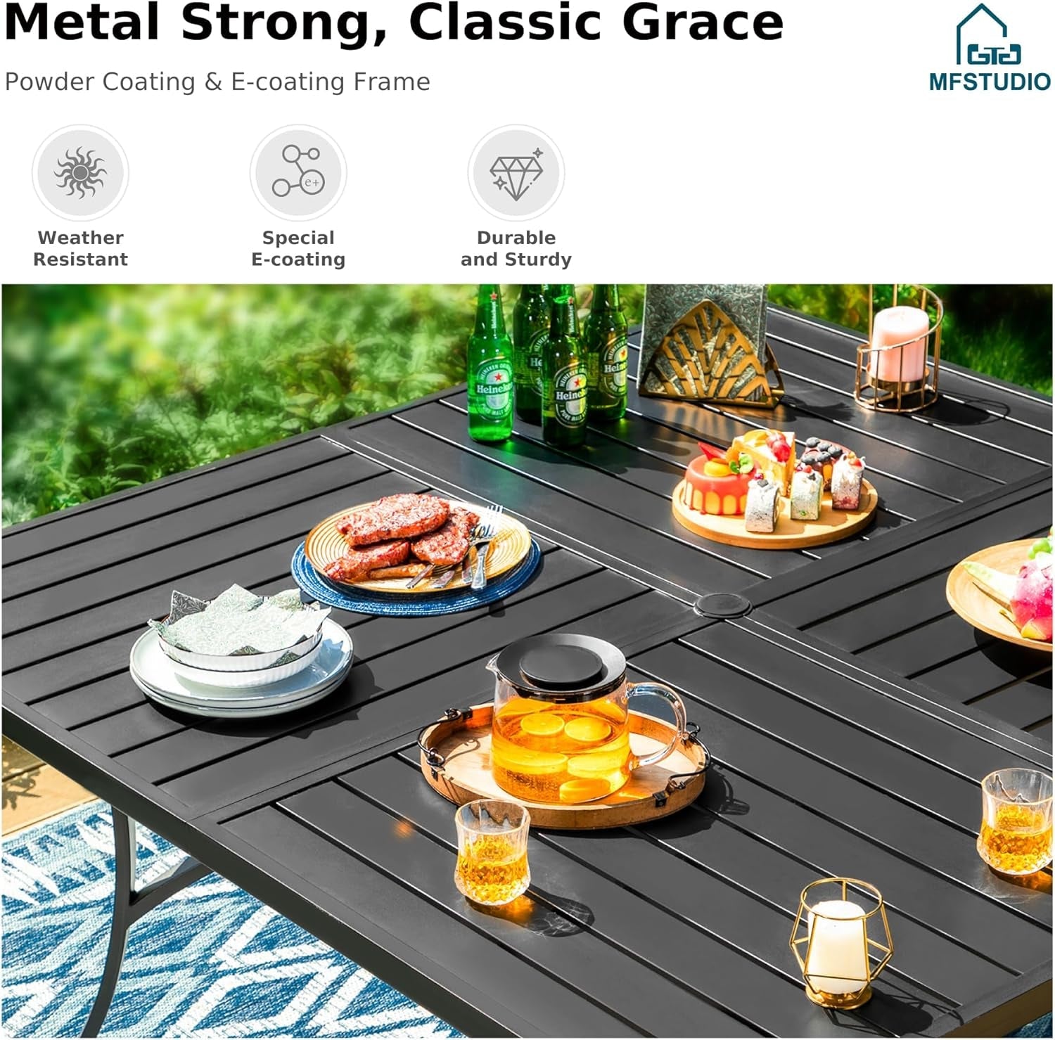 9 Pieces Patio Dining Sets,Outdoor Furniture Set Including 1X 60 Square Table and 6 Padded Sling Swivel Chairs Metal Dining Set for Backyard,Blue-3