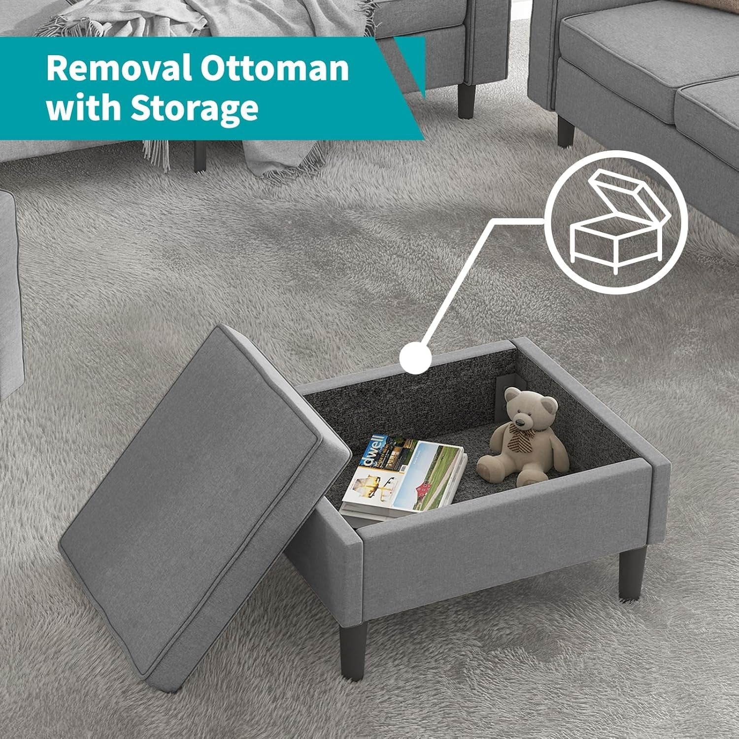 4Pcs Sofa Set for Living Room, Sectional Couches Modern Sofas with Movable Storage Ottoman/Side Pockets/Modern Sofas/Easy Assembly/Free Combination - Light Grey-2