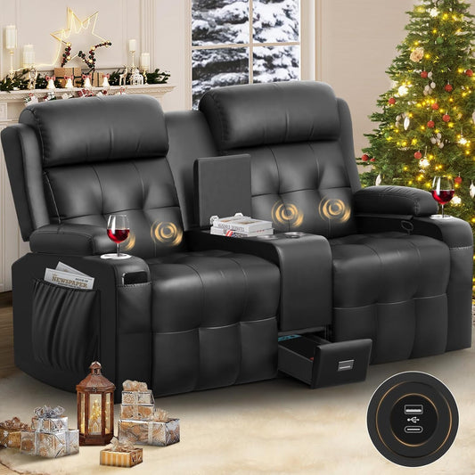 Reclining Loveseat, Massage Loveseat Recliner Sofa Heavy Weight Capacity, RV Love Seat Chair Clearance with Console, USB, Type C Port, Storage, Cup Holders, Wall Hugger Couch for Living Room-0