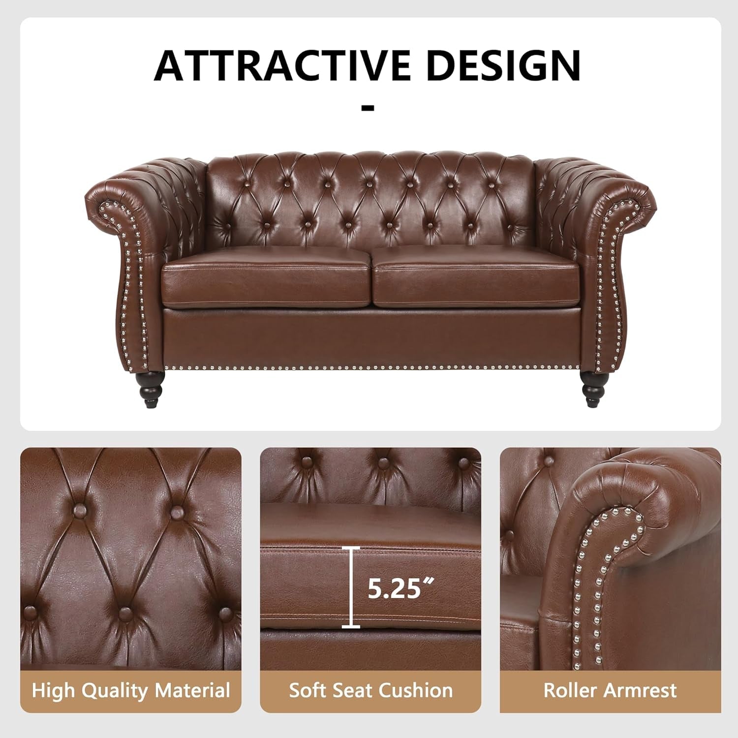 3 Piece Living Room Set, Sectional Chesterfield Sofa Chair Contemporary Upholstered Leather Loveseat Couch Sets for Living Room, Bedroom, Office-3