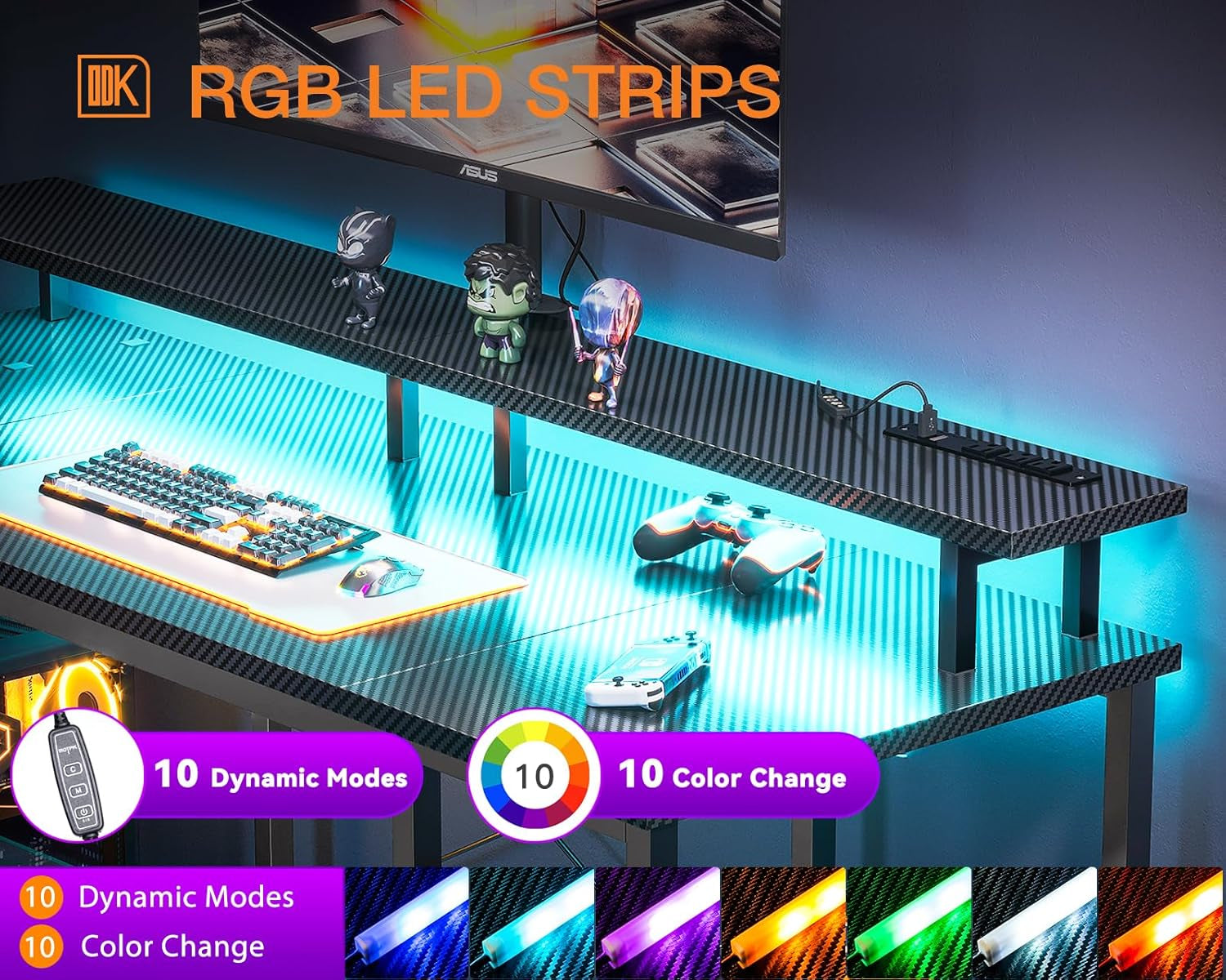 48 Inch Computer Desk with Power Outlets & LED Lights, Gaming Desk with Monitor Stand & Storage Sheves, Home Office Desk, Carbon Fiber Black-3