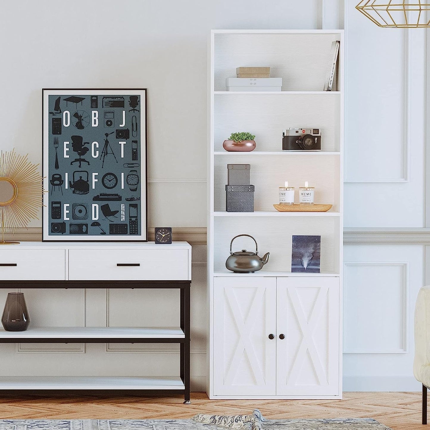 Tall Industrial Bookcase with Doors and Shelves-0