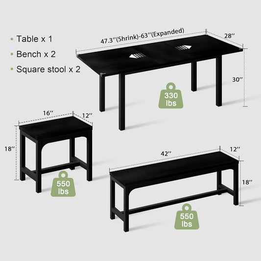 5-Piece Dining Table Set for 4-8 People, 63" Large Extendable Kitchen Table Set with 2 Benches and 2 Square Stools, Dining Room Table with MDF Wood Board, Easy Assembly, Black-1