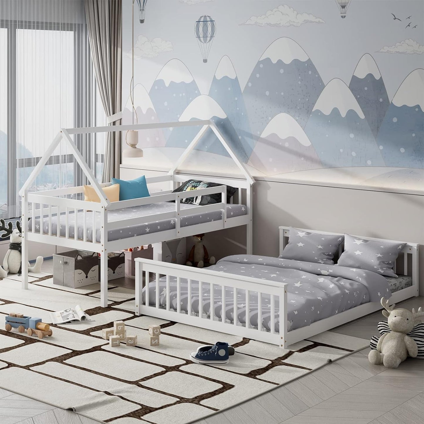 Wood Twin over Full Bunk Bed, Solid Wood House Bed Frame Built in Ladder & Safety Guardrails, Convertible to 2 Beds, Floor Bunk Bed for Kids Teens Juniors, No Box Spring Needed, White-2