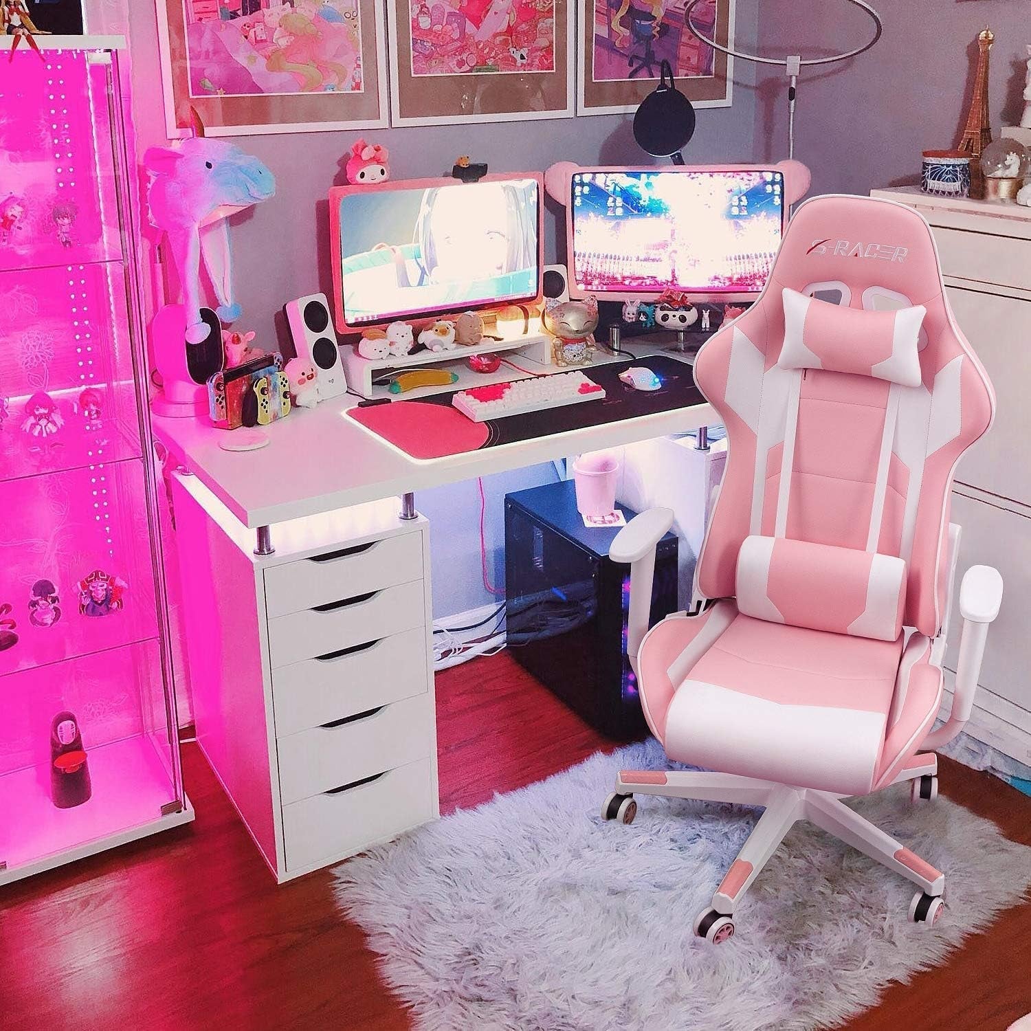 Gaming Chair, Office Chair High Back Computer Chair Leather Desk Chair Racing Executive Ergonomic Adjustable Swivel Task Chair with Headrest and Lumbar Support (Pink)-1