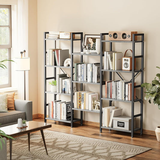Triple 4 Tier Bookshelf, Bookcase with 11 Open Display Shelves, Wide Book Shelf Book Case for Home & Office, Grey-1