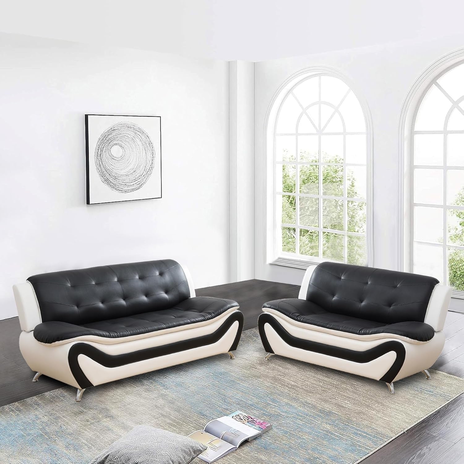 Faux Leather Sofa Couch Set, Living Room Sofa and Loveseat Set, Leather Couch and Loveseat Set for Living Room Office Home (2 Piece Leather Living Room Set, White&Black)-0