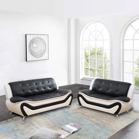 Faux Leather Sofa Couch Set, Living Room Sofa and Loveseat Set, Leather Couch and Loveseat Set for Living Room Office Home (2 Piece Leather Living Room Set, White&Black)-0