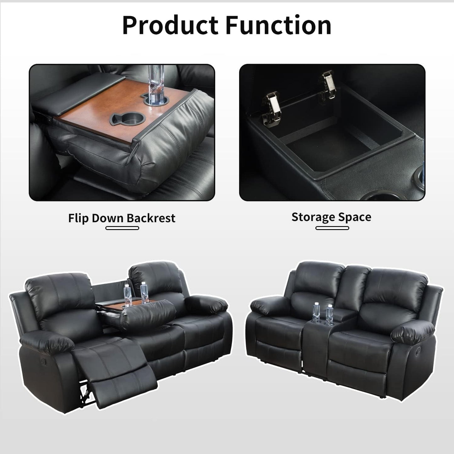 Leather Recliner Sofa Set，Leather Reclining Sofa Set for Living Room Furniture Sets，Black Recliner Couch Set for Living Room/Office/Theater Seating(Sofa Set 3 Pieces)-2
