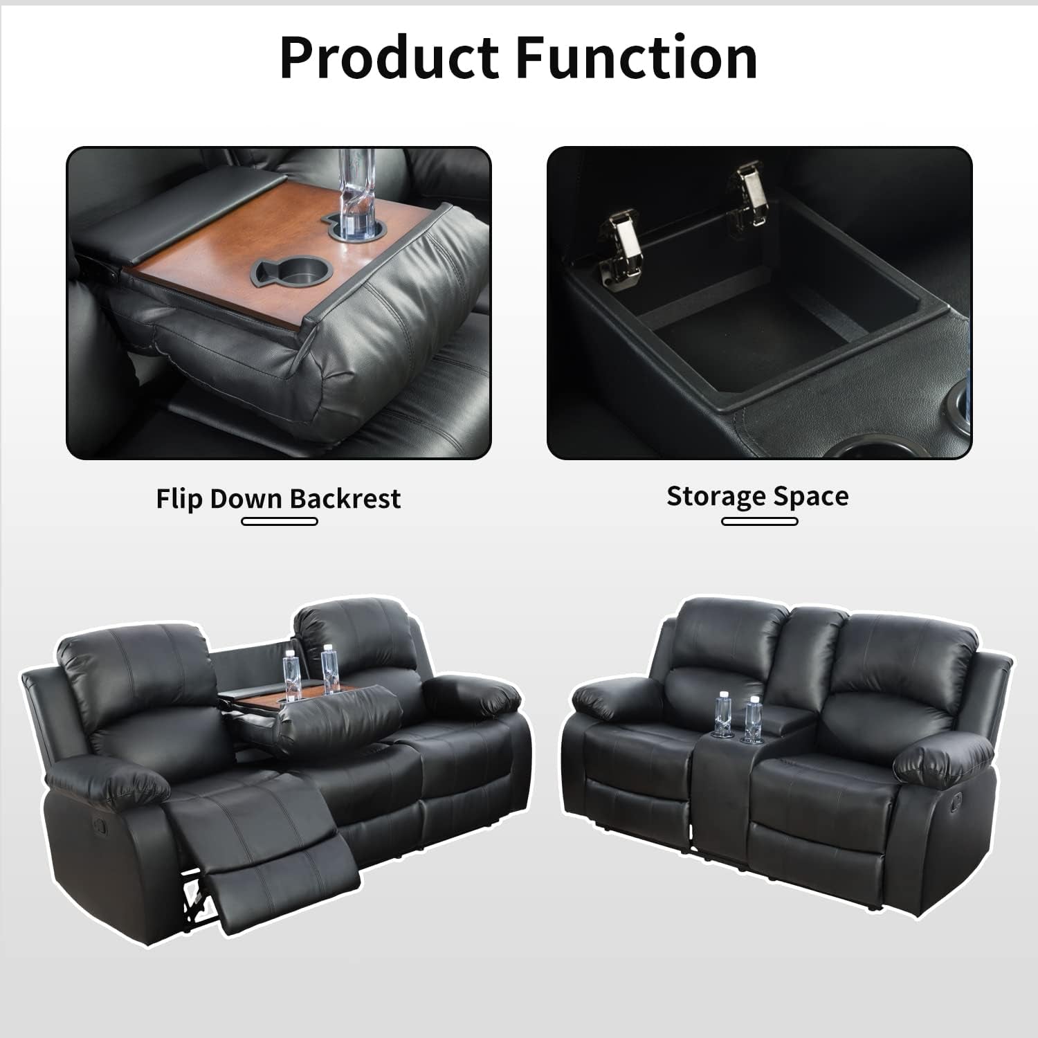 Leather Recliner Sofa Set，Leather Reclining Sofa Set for Living Room Furniture Sets，Black Recliner Couch Set for Living Room/Office/Theater Seating(Sofa Set 3 Pieces)-2