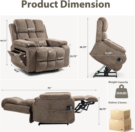 Dual Motor Power Lift Chair for Elderly with Heat and Massage, Lay Flat Electric Recliner with USB & Type-C Charging Ports, Side Storage & Cup Holder for Adults, Light Brown-1