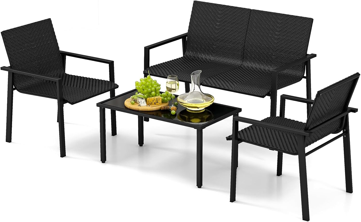 4 Pieces Wicker Patio Conversation Set with Coffee Table, PE Rattan Chairs with Galvanized Metal Frame, Outdoor Table and Chairs Set for Small Space, Balcony, Poolside, Backyard (Black)-0