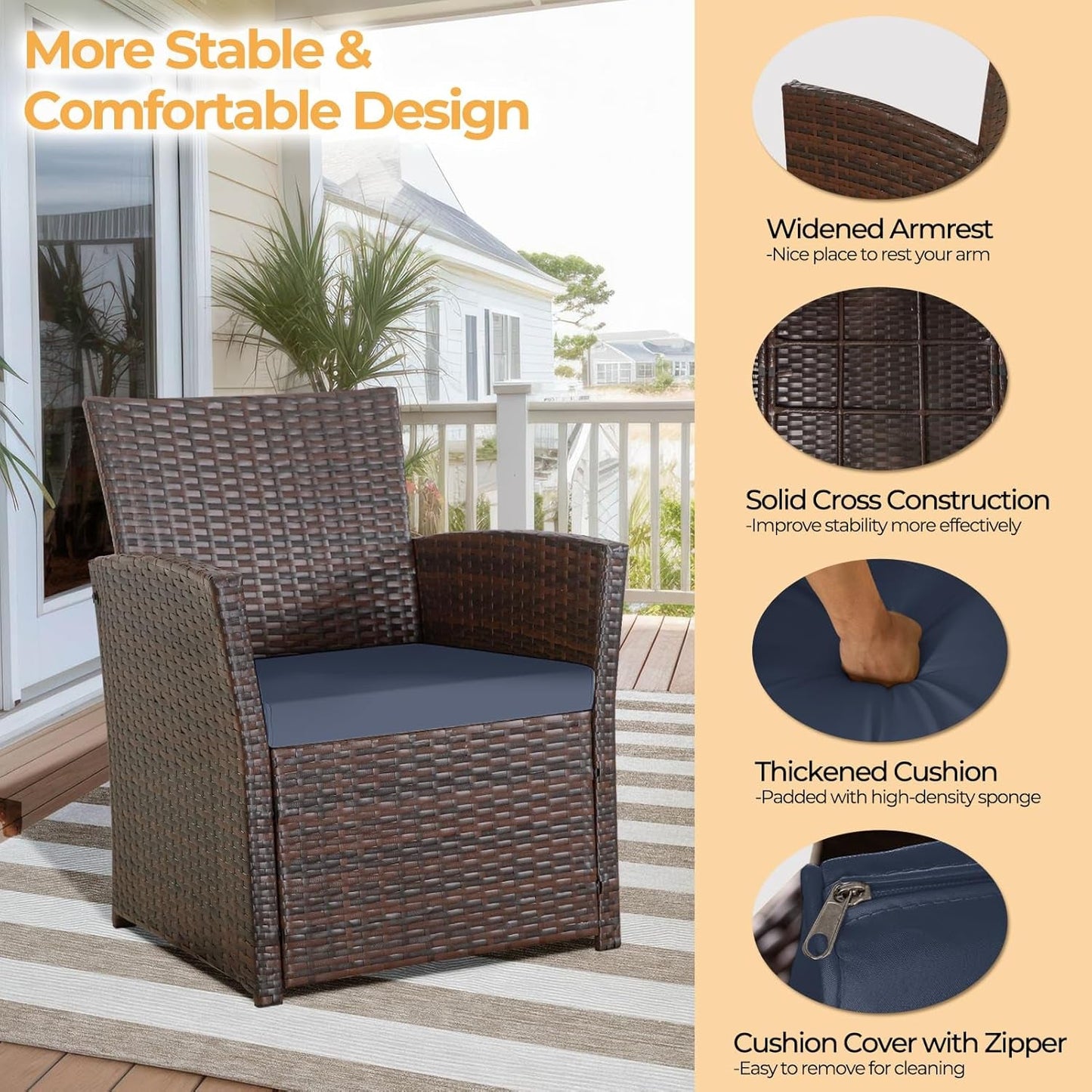 4 Piece Outdoor Patio Furniture Sets, Wicker Sectional Conversation Sofa Set, Rattan Table and Chairs and Loveseat with Cushions for outside Balcony Porch Backyard (Brown-Blue)-2