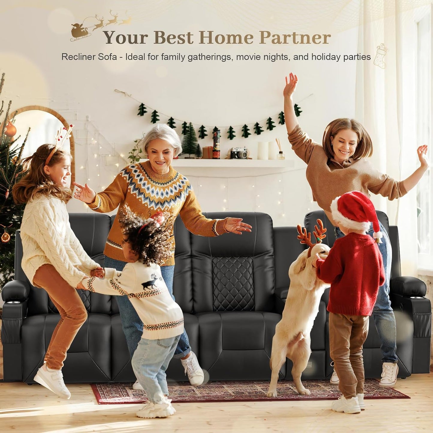 4 Seat Recliner Sofa, Large Reclining Sofa with Storage Console, Manual Reclining Chair with USB Ports, 2 Cell Phone Holder, 4 Seater Recliner Couch for Living Room-4