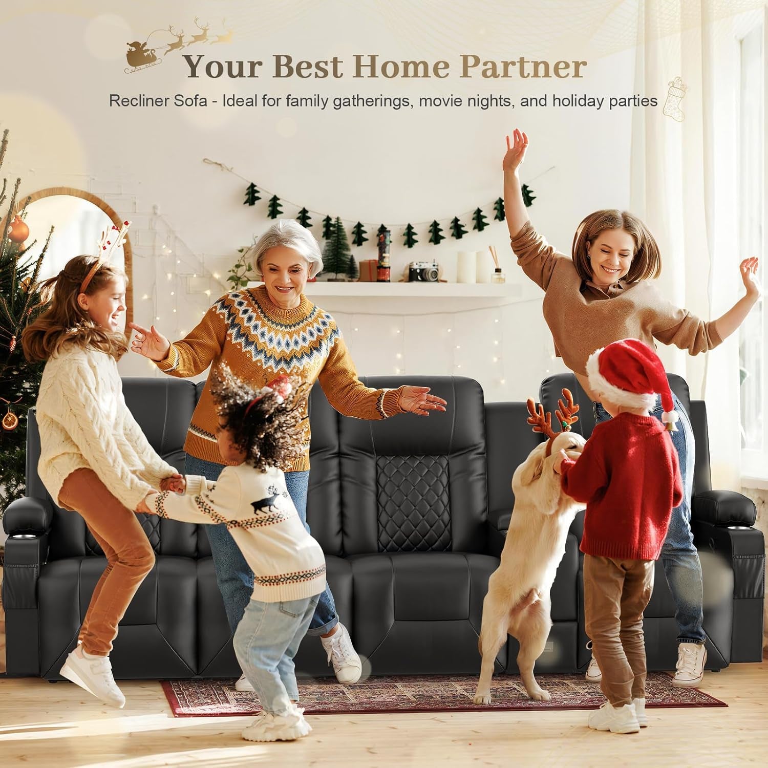 4 Seat Recliner Sofa, Large Reclining Sofa with Storage Console, Manual Reclining Chair with USB Ports, 2 Cell Phone Holder, 4 Seater Recliner Couch for Living Room-4