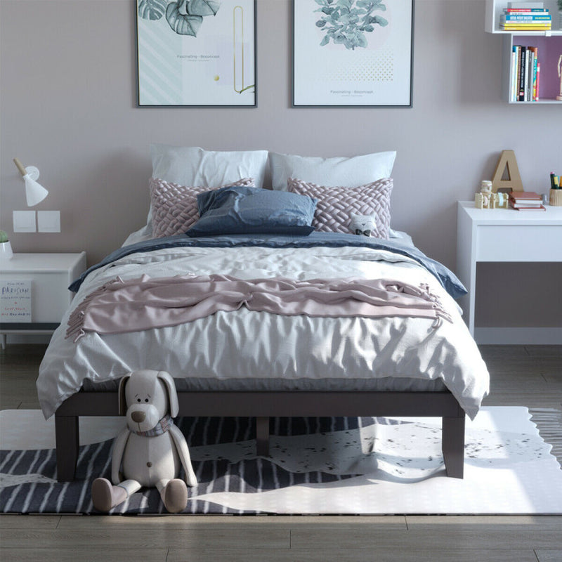 14 Inch Queen Size Rubber Wood Platform Bed Frame with Wood Slat Support-0