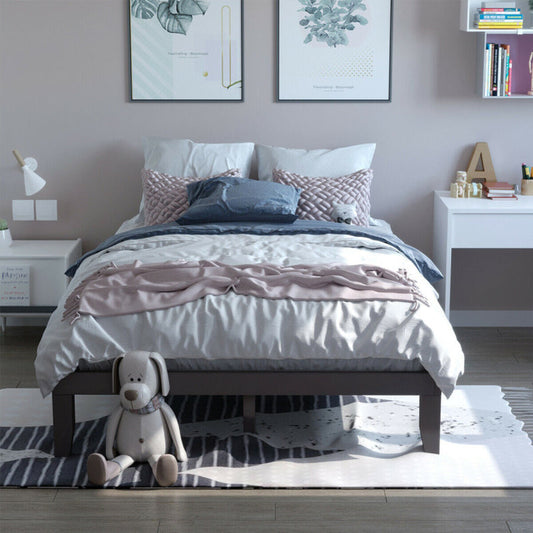 14 Inch Queen Size Rubber Wood Platform Bed Frame with Wood Slat Support-0