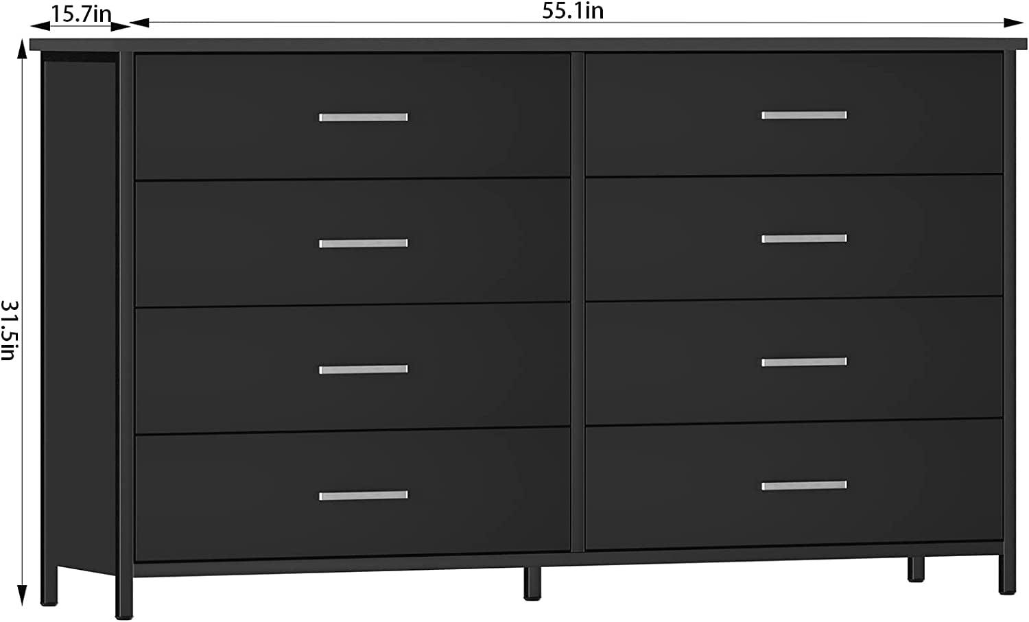 Black Wood 8-Drawer Double Dresser with Steel Frame-2