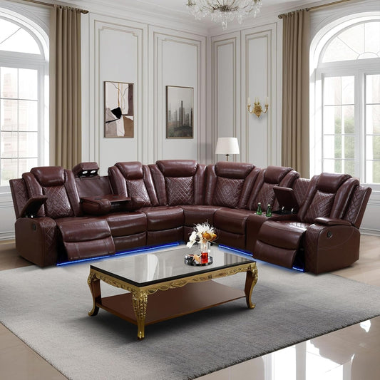 Power Recliner Sectional Sofa Set, Leather Sectional Sofa Sets for Living Room, Power Reclining Sectional Couch with Led Lights, Cup Holder, Wireless Charging, Hidden Storage, Red-0