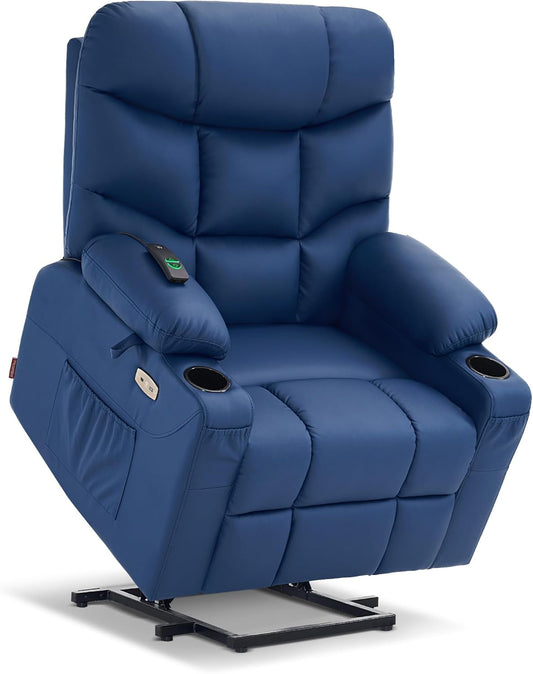 Power Lift Recliner Chair, 2 Cup Holders, USB Ports for Elderly People, Faux Leather 7287 (Navy Blue, Medium-Regular)-0