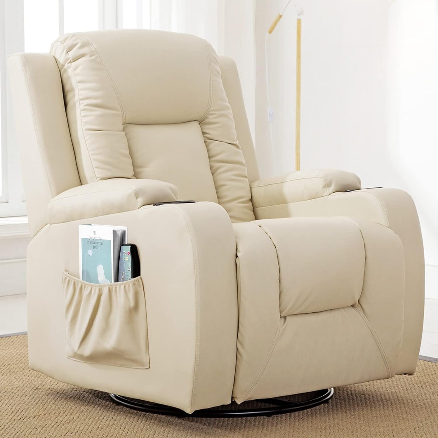 Recliner Chair, PU Rocking Chair for Adults, Swivel Recliner with Cup Holders, Heat and Massage, Single Sofa Seat with Side Pockets for Living Room, Bedroom (White)-0