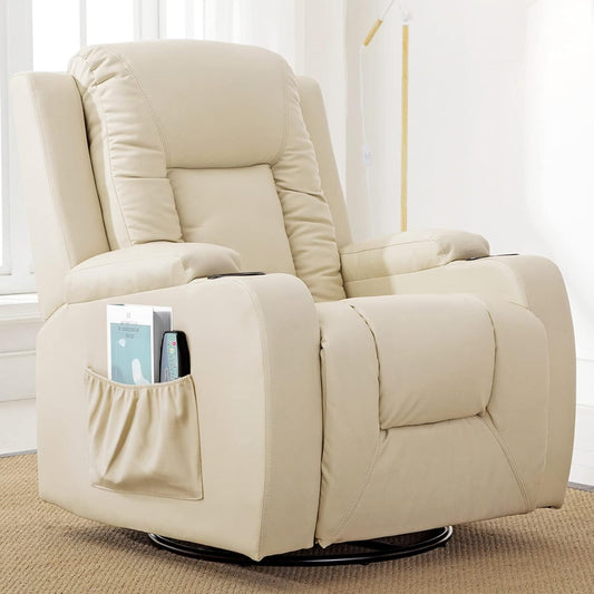 Recliner Chair, PU Rocking Chair for Adults, Swivel Recliner with Cup Holders, Heat and Massage, Single Sofa Seat with Side Pockets for Living Room, Bedroom (White)-0