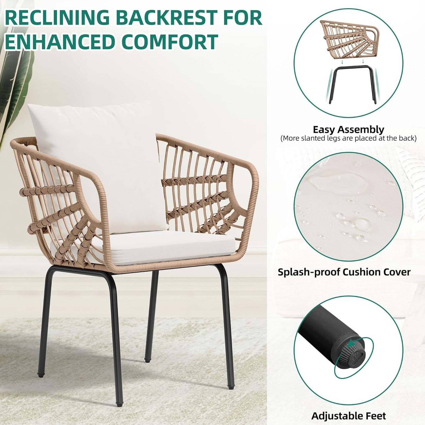 3 Pieces Outdoor Wicker Patio Conversation Bistro Set, All-Weather Patio Furniture Set with Table & Cushions, Outdoor Sectional Sofa for Patio, Balcony, Backyard, Deck, Beige-3