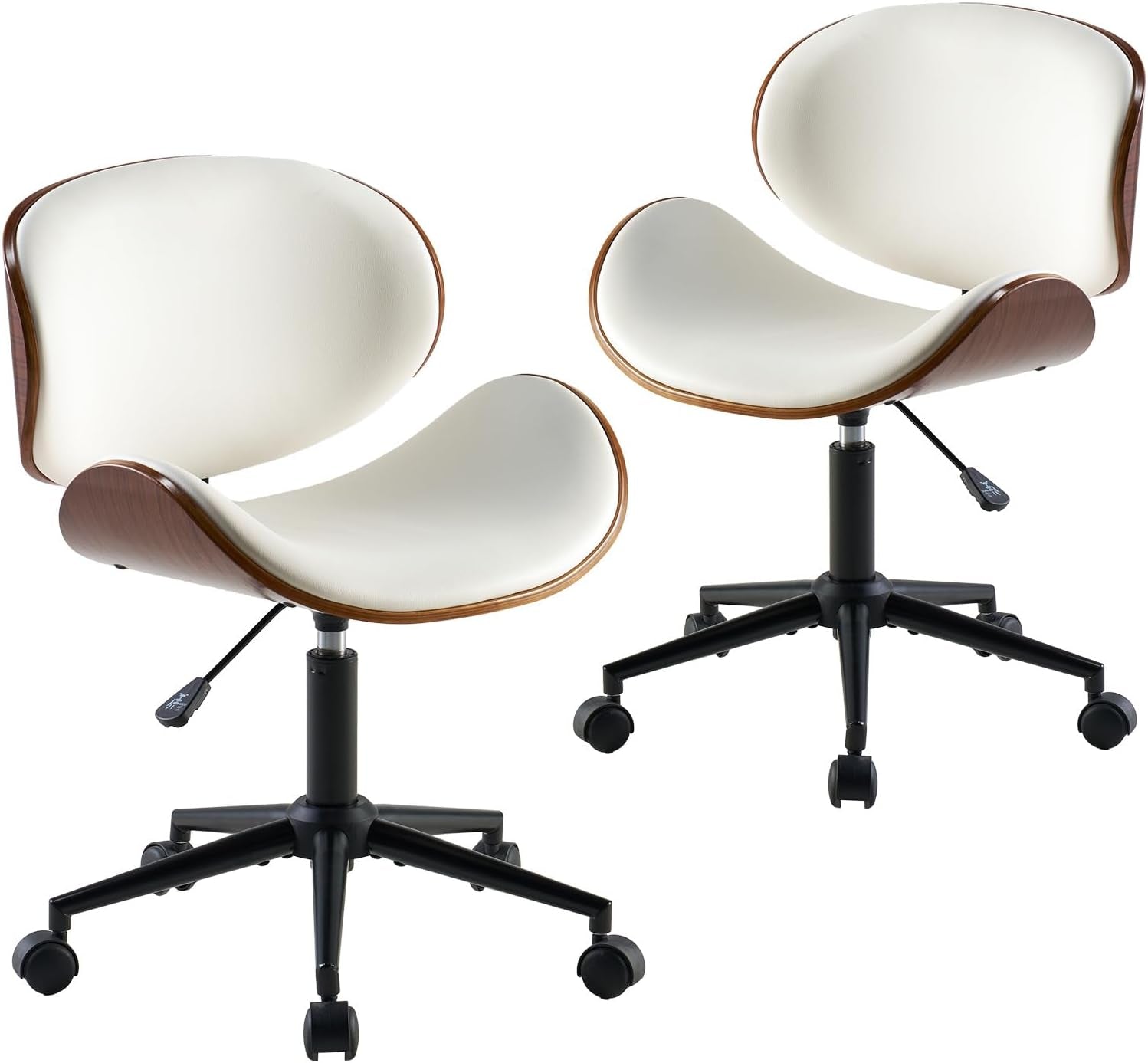 Home Office Chair Set of 2, PU Leather Desk Chair, Modern Swivel Chair with Curved Back, Armless Desk Chair with Wheels for Home Office, White-0