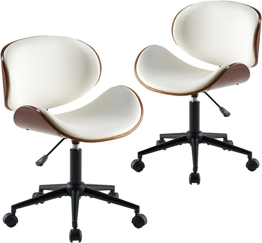 Home Office Chair Set of 2, PU Leather Desk Chair, Modern Swivel Chair with Curved Back, Armless Desk Chair with Wheels for Home Office, White-0