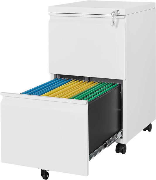 2 Drawer Mobile File Cabinet with Lock,Under Desk Metal Filing Cabinets for Home Office Organizer Letters/Legal/A4(White-Requires Installation)-0
