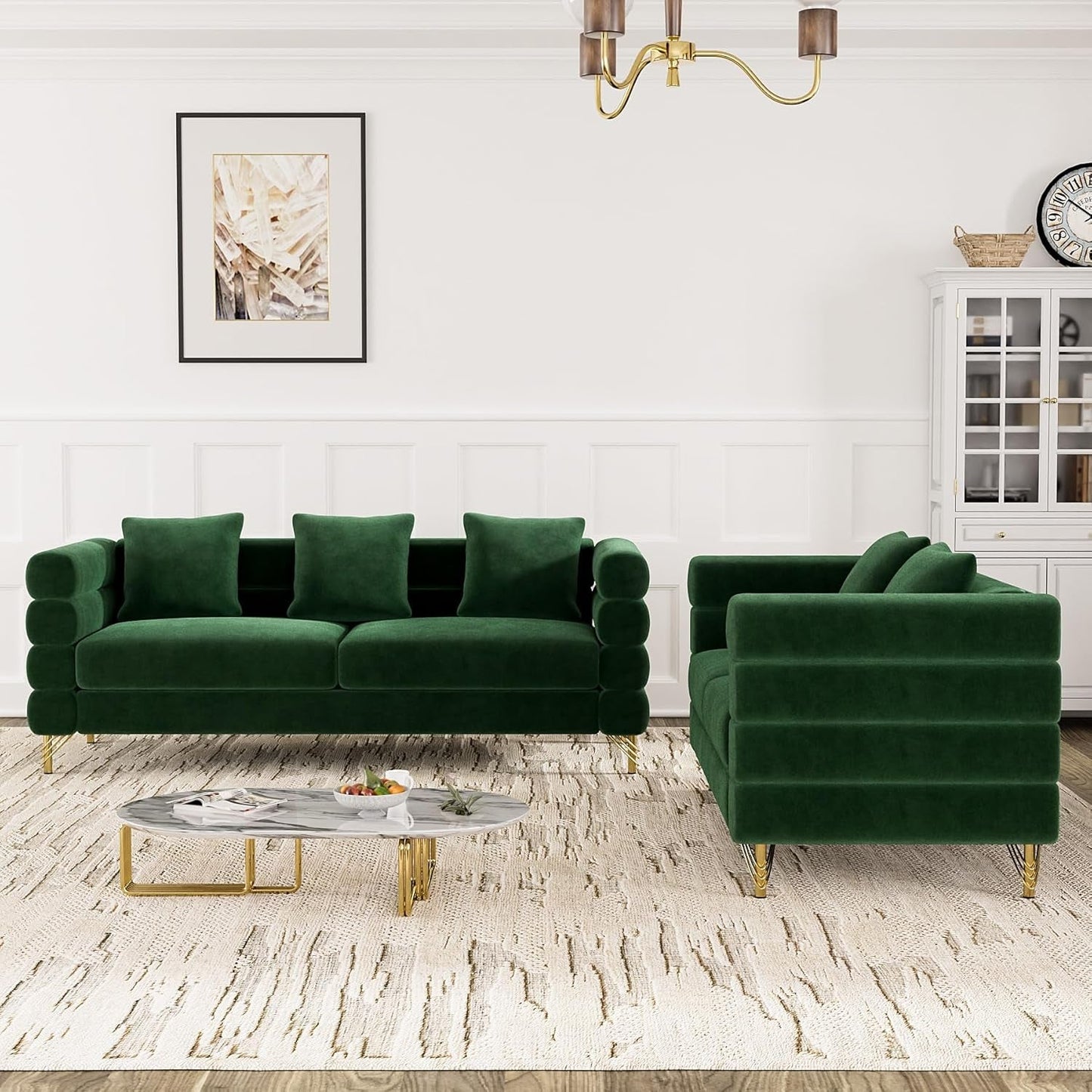 Living Room Sofa Couch and Loveseat Set, Modern Comfy Velvet Deep Seat Cloud Couch with 5 Pillows, Oversized Sofa Furniture Sets for Living Room Bedroom, Emerald Green Velvet-2