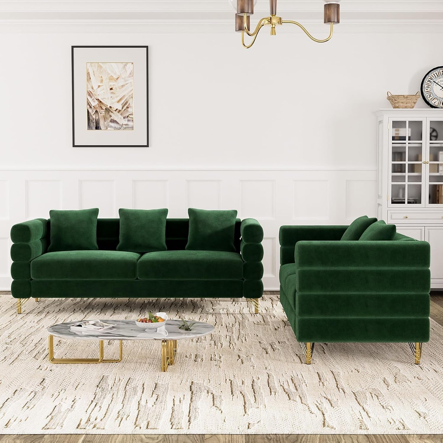 Living Room Sofa Couch and Loveseat Set, Modern Comfy Velvet Deep Seat Cloud Couch with 5 Pillows, Oversized Sofa Furniture Sets for Living Room Bedroom, Emerald Green Velvet-2