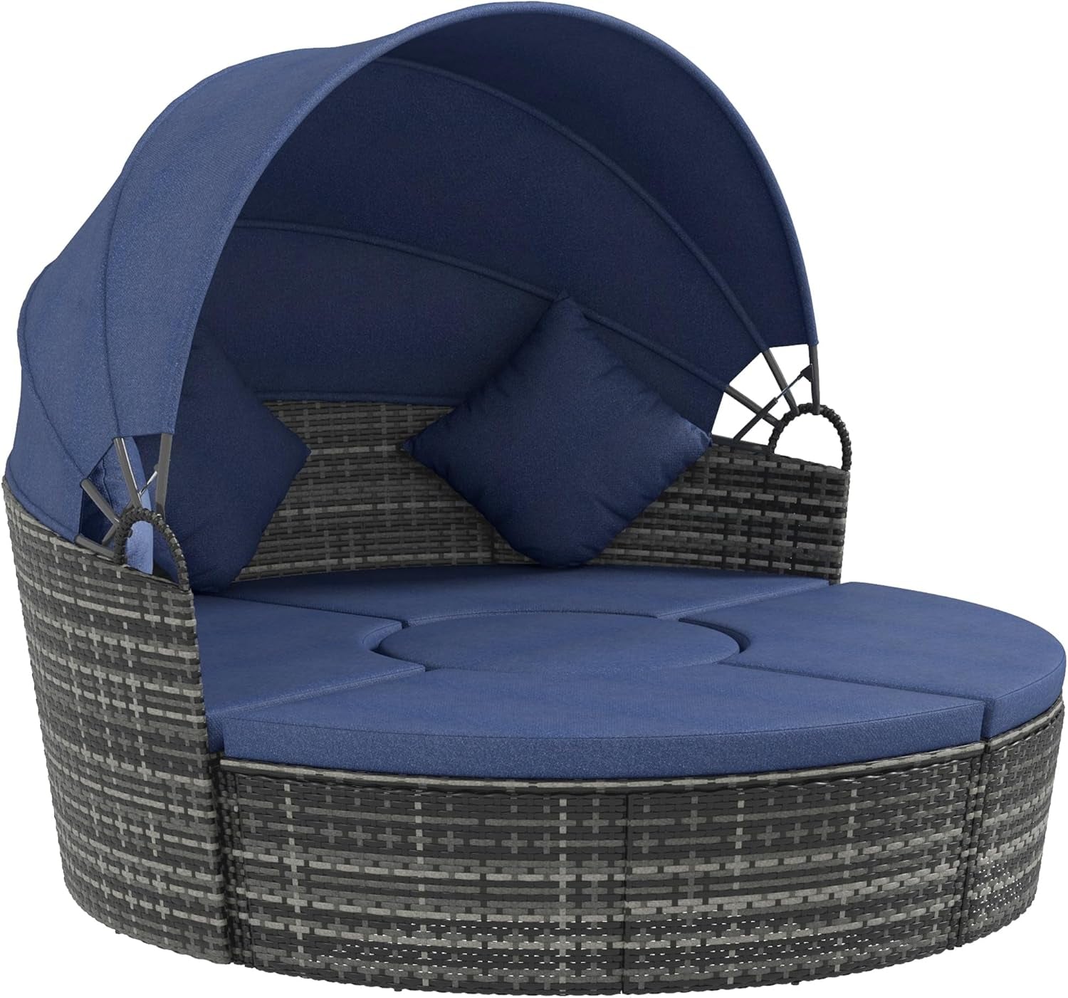 4-Piece round Convertible Daybed with Cushions, Outdoor PE Rattan Patio Wicker Sofa Set, Sunbed with Adjustable Sun Canopy, Sectional Sofa, 2 Chairs, Table, 3 Pillows, Dark Blue-0