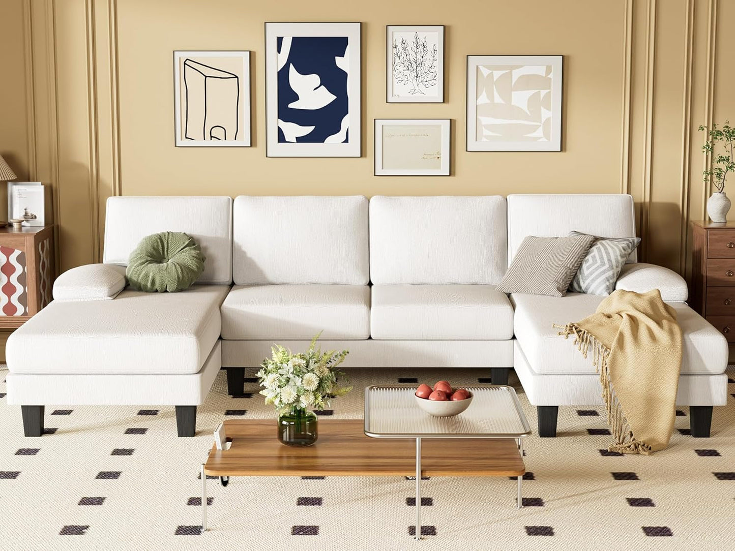 Convertible Sectional Sofa U-Shaped Couch with Soft Modern Cotton Chenille Fabric for Living Room, Oversized Seats with Comfortable Backrest, Beige White-0