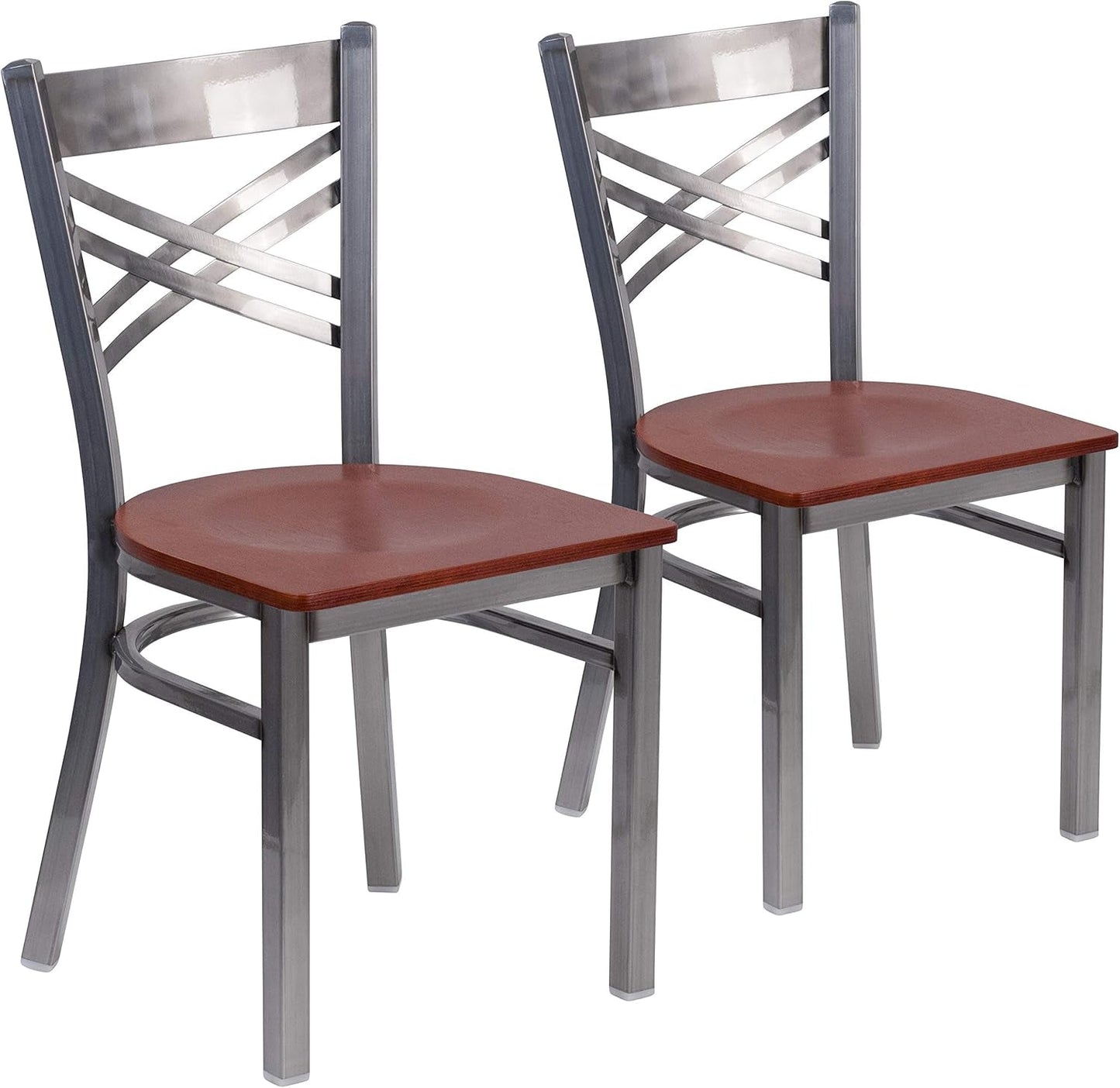 2 Pk. HERCULES Series Clear Coated ''X'' Back Metal Restaurant Chair - Cherry Wood Seat-1