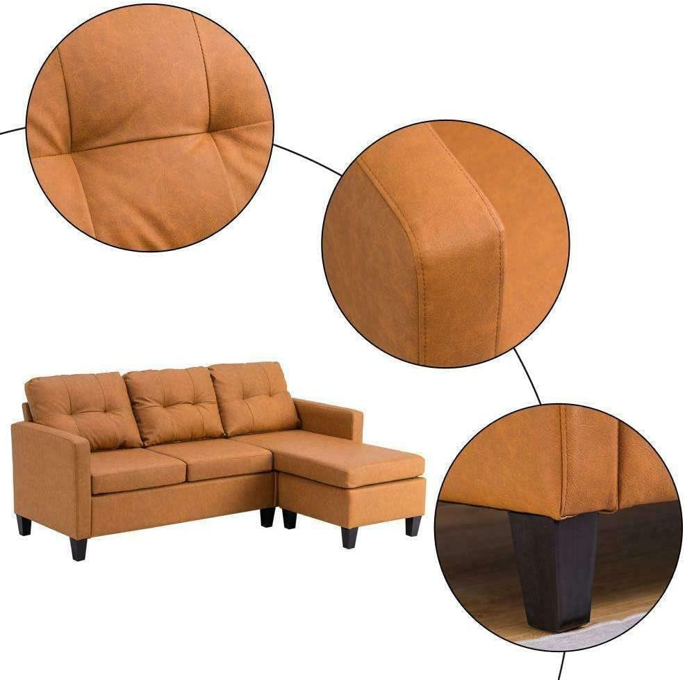 JHUS Faux Leather Sectional Sofa L-Shaped Couch W/Reversible Chaise Light Brown Sofa Sofa Bed Sleeper Sofa Sectional Sofa Couches for Living Room Sofas for Living Room Living Room Furniture-3