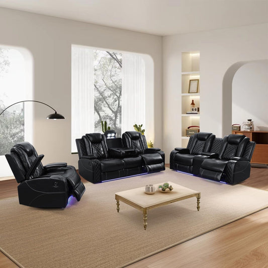 Power Reclining Sofa Set, Living Room Furniture Set with USB Ports, Leather Recliner Couches Set for Living Room/Apartment/Office/Home Theather (Black, Sofa+Loveseat+Chair)-0