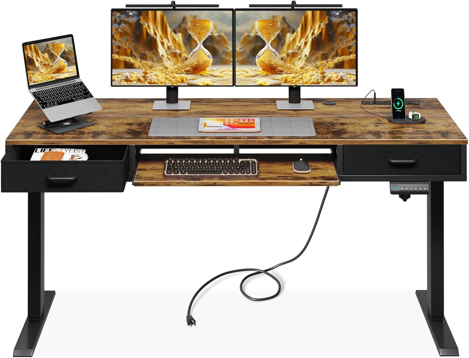 Electric Standing Desk with Drawers & Keyboard Tray, 55 Inch Height Adjustable Desk with Power Outlets, Sit Stand Table, Writing Computer Desk for Home, Office, Workstation, Rustic Brown-0